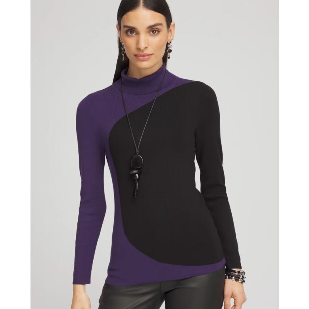 Chico’s NWT Blue Black Colorblock Turtleneck Sweater EcoVero Knit Size XL